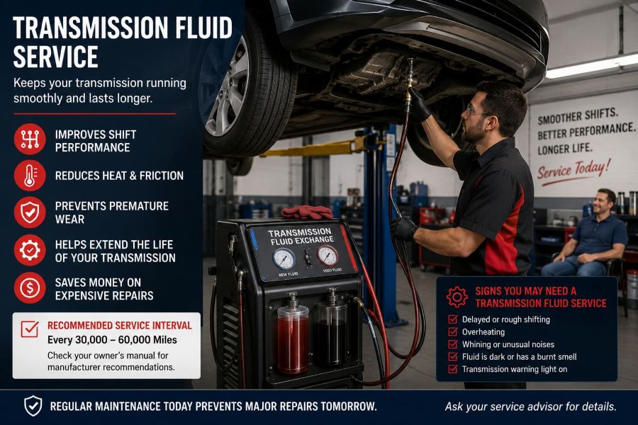 Service advertisement: a mechanic raises a car on a lift while performing a transmission fluid exchange beside a diagnostic machine; left panel lists benefits like smoother shifts and longer transmission life.