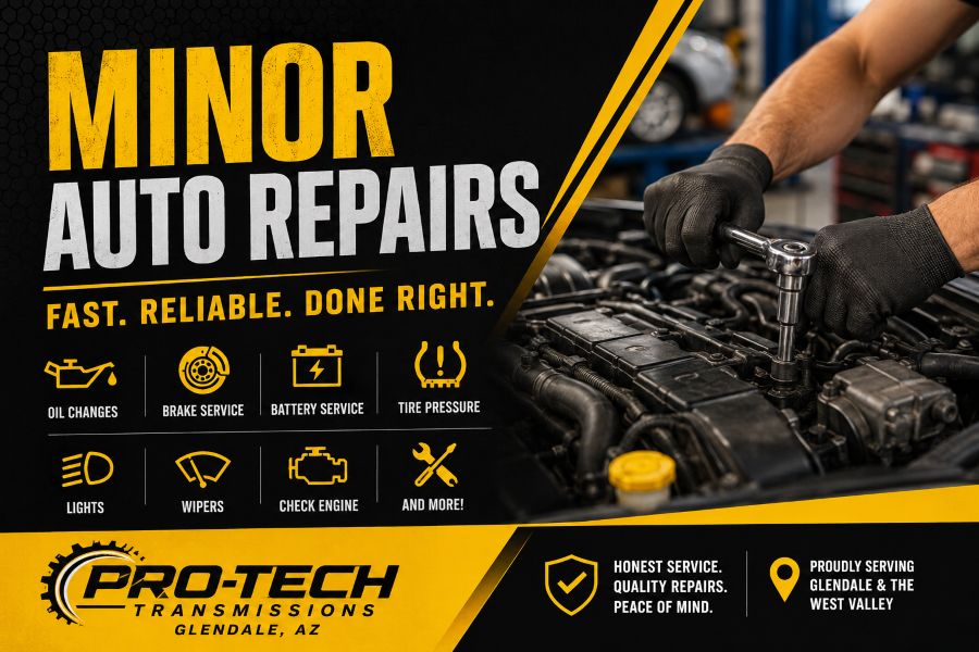 Service advertisement: a mechanic raises a car on a lift while performing a transmission fluid exchange beside a diagnostic machine; left panel lists benefits like smoother shifts and longer transmission life.