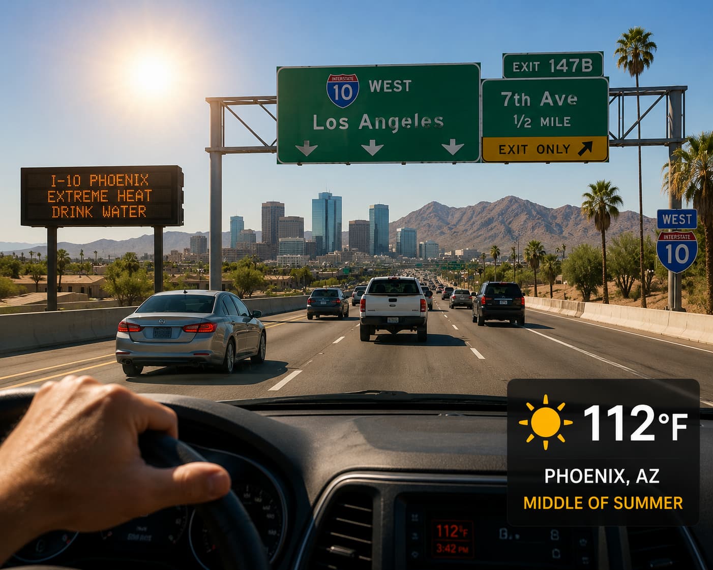 Long Drive Commute in Phoenix Driver’s view on a sunny desert highway with Phoenix skyline ahead and I-10 West signs; thermometer shows 112°F in a dashboard widget.