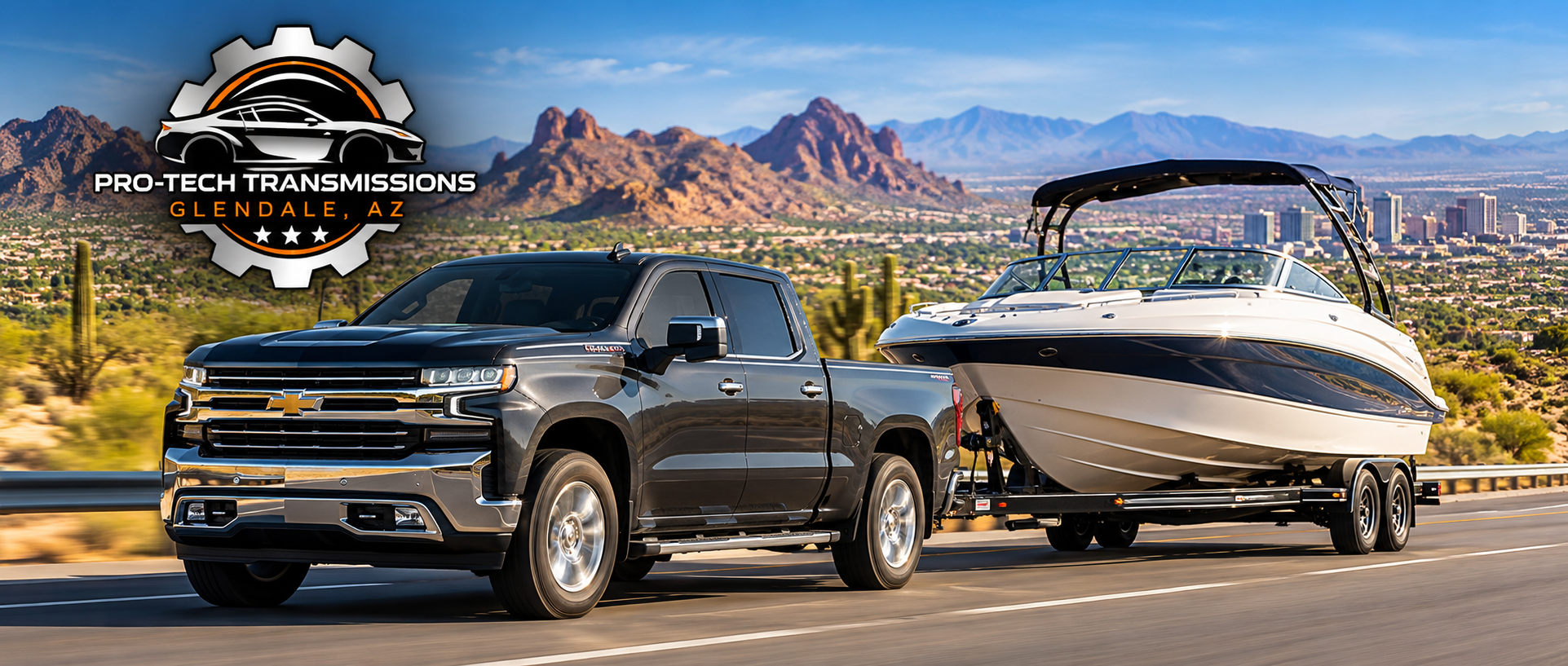 Arizona Highway Tow Adventure truck towing a boat behind it