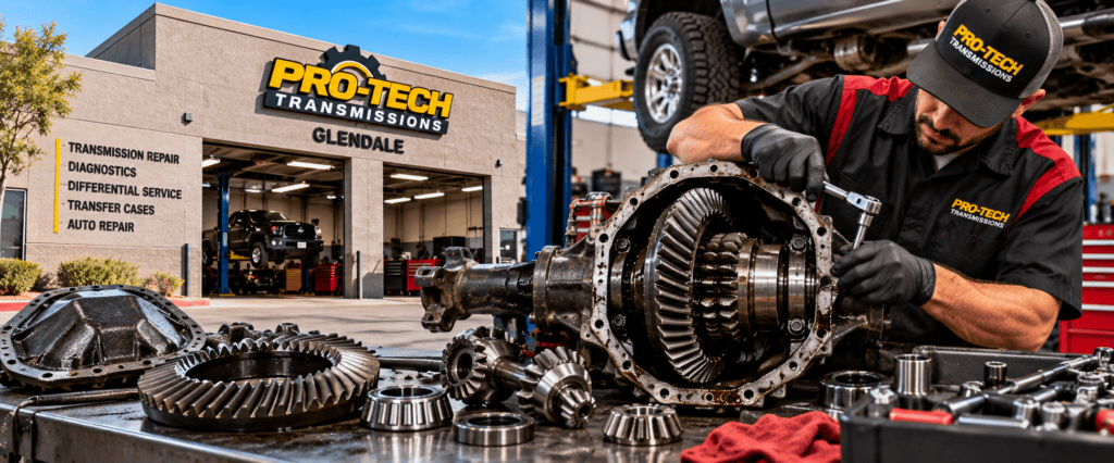 pro-tech transmission glendale shop employee working on a differential